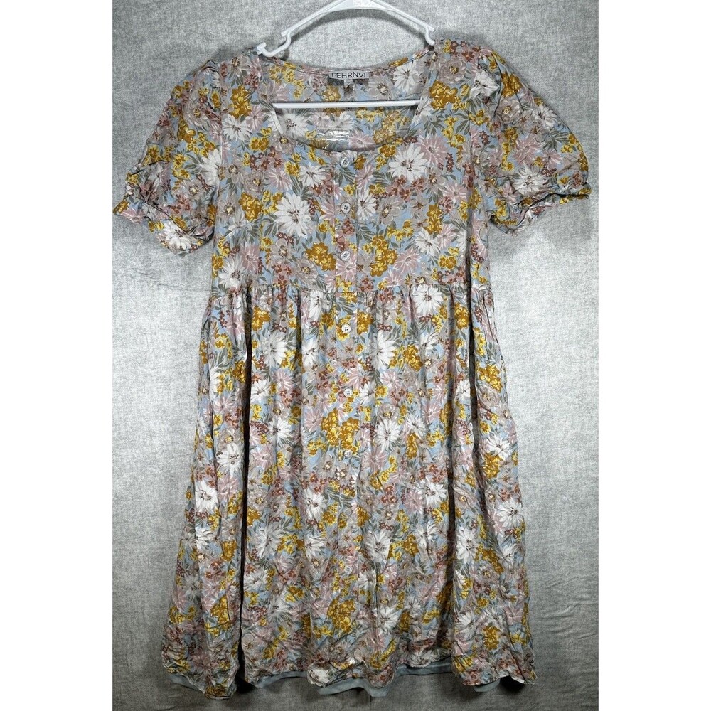 Fehrnvi Floral Dress Women’s Size Medium Short Sleeve Button Front Round Neck